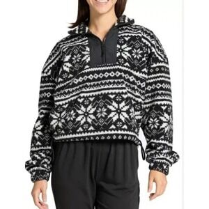 DSG Fair Isle‎ Quarter Zip Pullover Womens Medium Black White NEW Sherpa Fleece